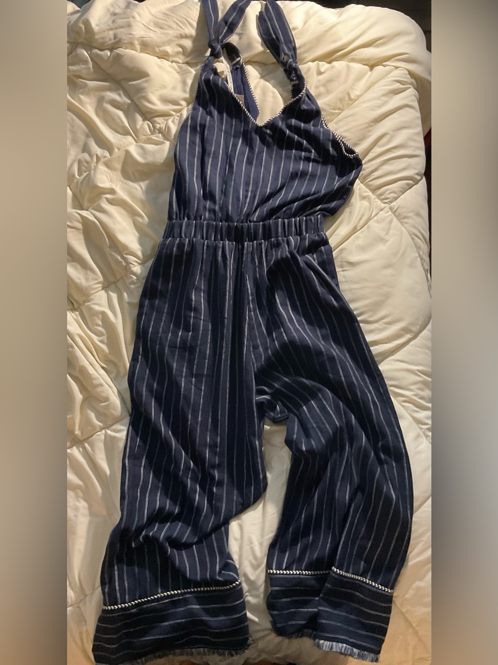 Striped Navy Wide-Leg Knotted Strap Jumpsuit